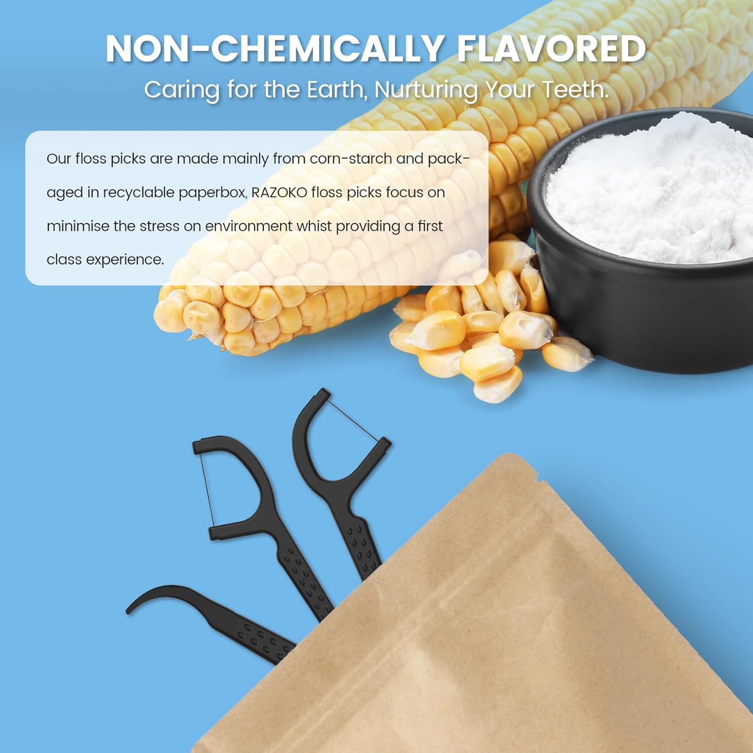 RAZOKO Natural Dental Floss Picks High Toughness Charcoal Toothpicks Sticks-Vegan,Eco-Friendly Sustainable Flossers for Teeth Cleaning 100 Count