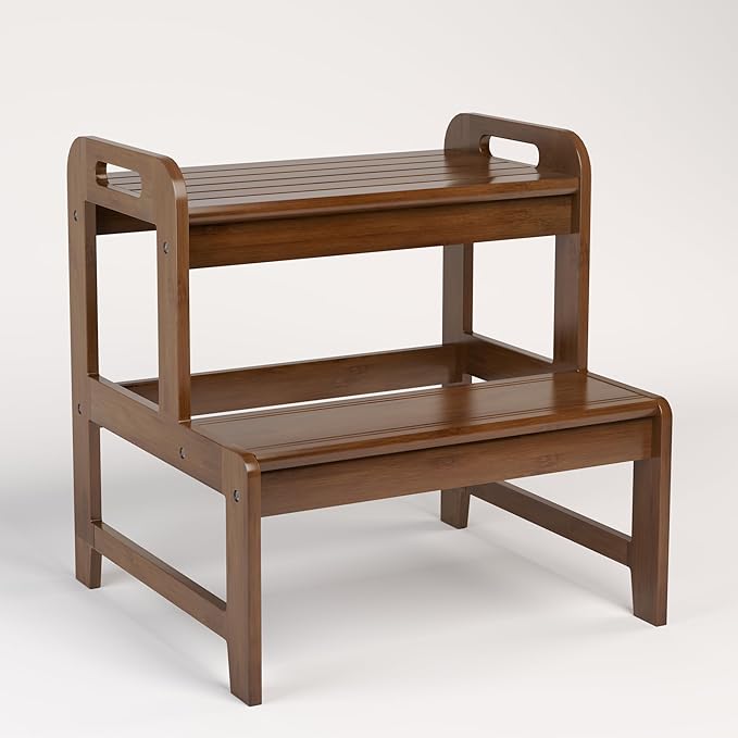 Step Stool for Kids Bamboo Toddler Two Steps Stool with Anti-Slip and Handles Stairs 300 lbs Capacity for Bathroom Kitchen Bedroom(Brown)