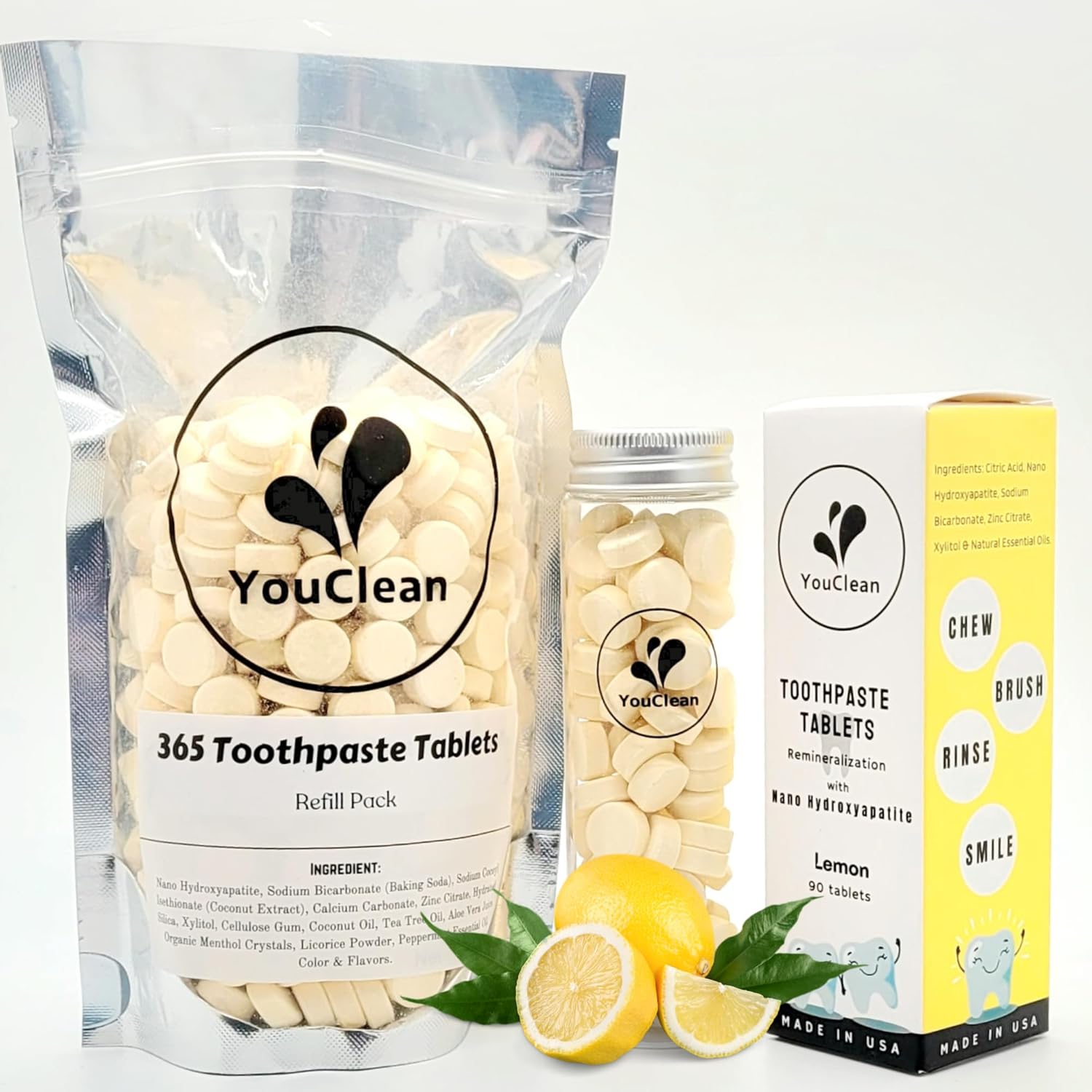 Refill Pack - 365 Toothpaste Tablets - Natural Remineralization & Whitening with Nano Hydroxyapatite - Travel or Daily Use - Fluoride Free (Lemon365)