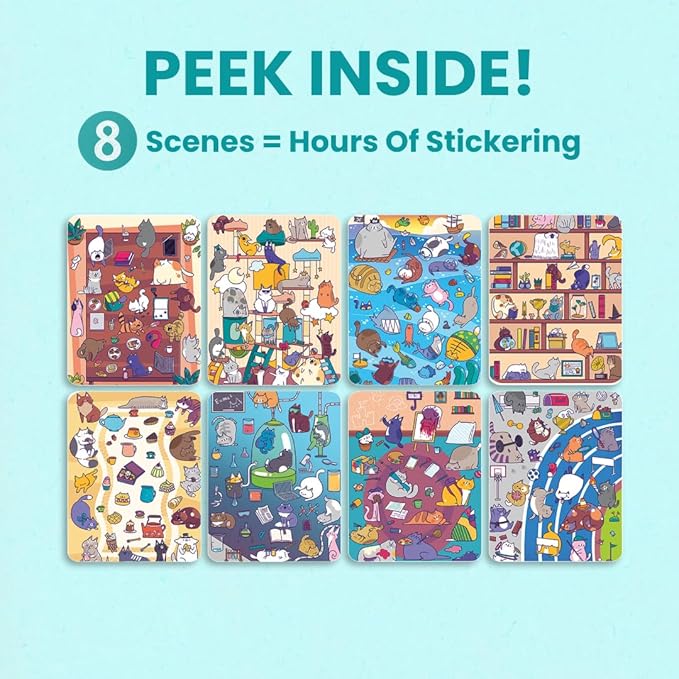 Cupkin Cat Sticker Book Activity for Kids, Toddler Airplane Travel Essentials, 300+ Kitten Stickers for Kids + 8 Scenes + Coloring Book Pages, Cat Lover Gift, Children's Crafts Ages 2-8