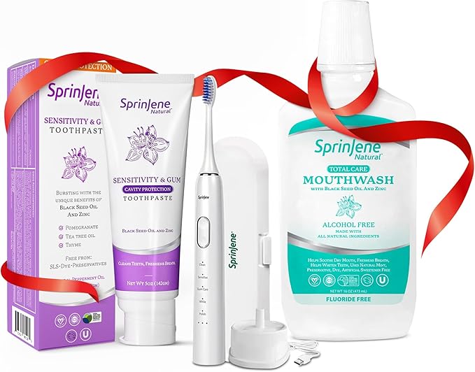 SprinJene Natural Sensitivity & Gum, Fluoride Toothpaste for Sensitive Teeth & Gum (1 Pack) + Fluoride Free & Alcohol Free Mouthwash + Electric Toothbrush with Wireless Charger & 2 Replacement Heads
