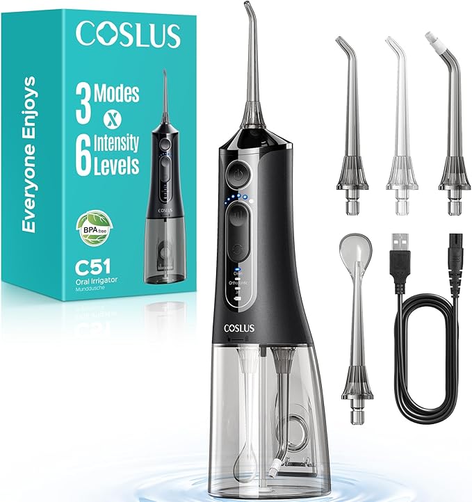 COSLUS Portable Water Flosser for Teeth: 3 Modes & 6 Pressure Settings with Jet Mode Water Dental Pick for Orthodontic, Braces, Sensitive Gums, Compact for Travel, 300ML for Multiple Users, Black C51