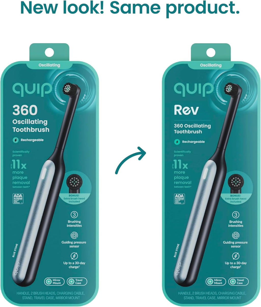 Quip Rev 360 Oscillating Rechargeable Electric Toothbrush with Extra Brush Head - Soft Bristles, Pressure Sensor, 3 Intensities, 30-Day Battery, 2-Min Timer, Travel Case, Mirror Mount - Blue Stone