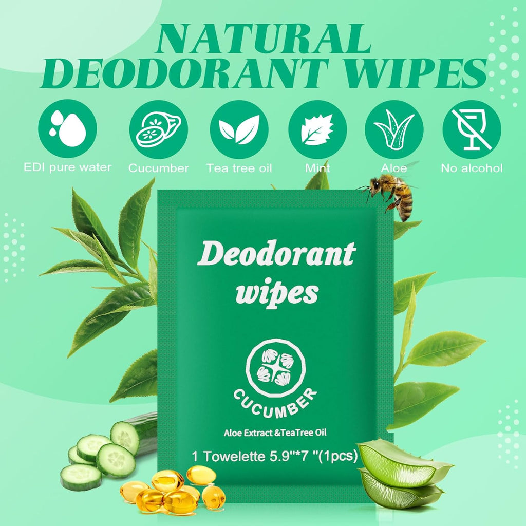 Travel Deodorant Wipes Individually Wrapped,Body Wipes to Clean Skin for Women Men（Cucumber,pack of 200)