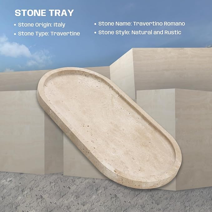 2 Pcs Travertine Tray, Oval Stone Tray for Bathroom Storage Home Decor, 12 x 6 Inch