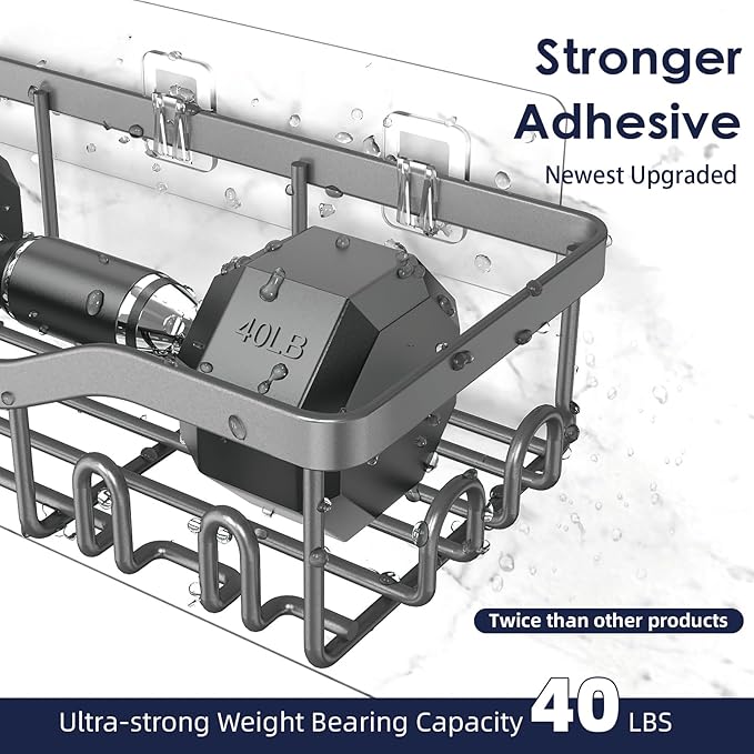 Shower Caddy Adhesive Shower Organizer 7-Pack, Rustproof Stainless Steel Bathroom Shelves, Large Capacity No-Drill Rack Storage Accessories with Soap Dish Toothbrush Holder Hooks (Gray)