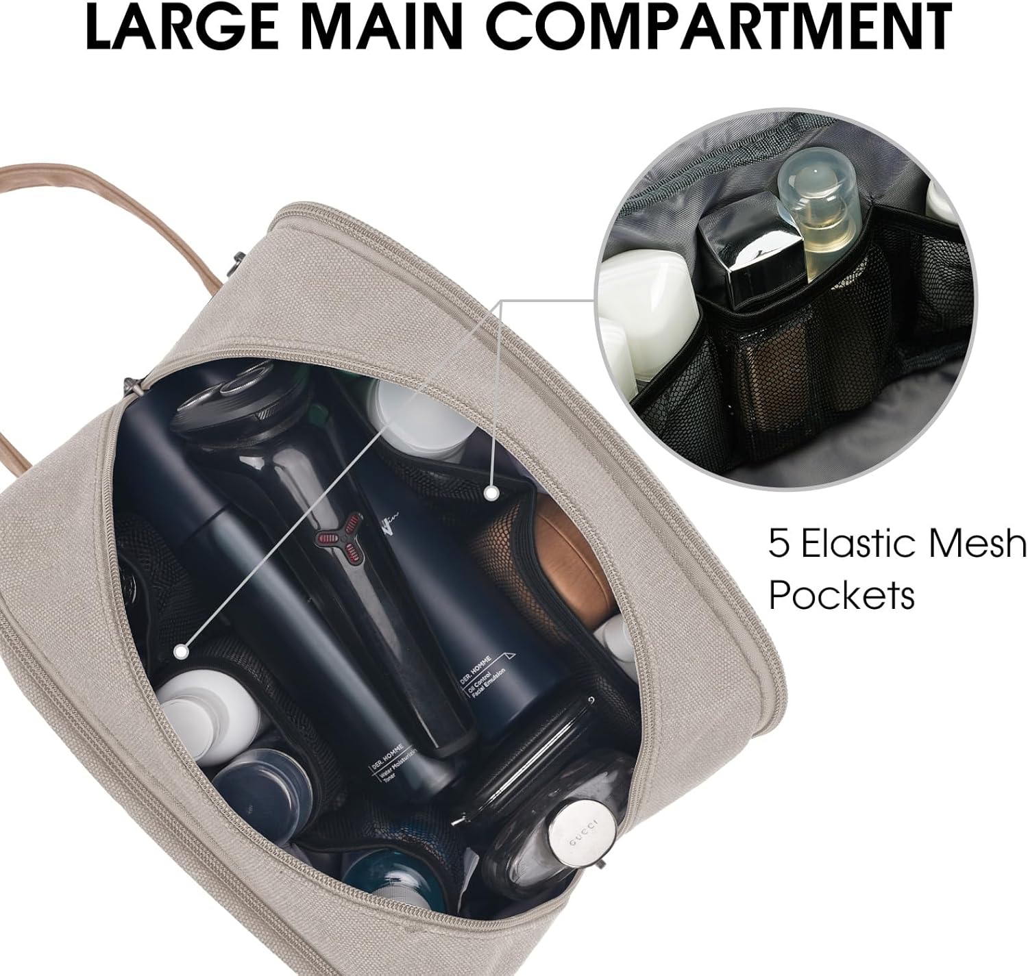 WANDF Travel Toiletry Bag for Men Large Toiletries Shaving Bag Water Resistant Hanging Dopp Kit Travel Accessories Bag for Women Men (Beige Gray)