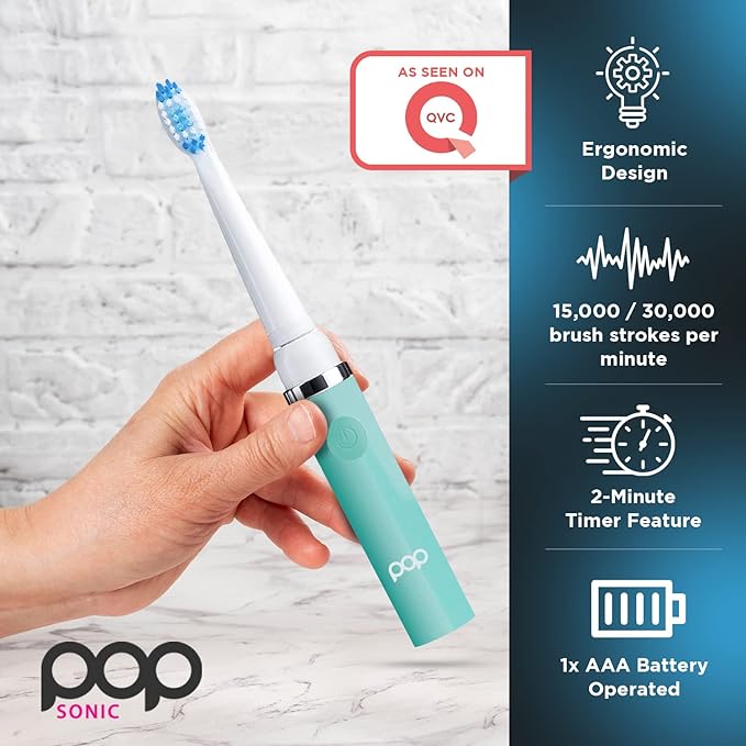 Pop Sonic Electric Toothbrush (Pastel Green) - Travel Toothbrushes w/AAA Battery | Kids Electric Toothbrushes with 2 Speed & 15,000-30,000 Strokes/Minute, Dupont Nylon Bristles