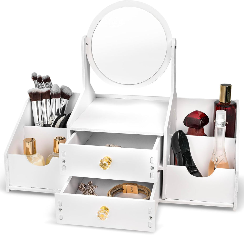 Wooden Makeup Organizer – Countertop Makeup Organizers with Mirror, Drawers – Cosmetic Organizer for Brushes, Skincare – Elegant Make Up Storage Holder for Vanity, Bathroom, Dresser