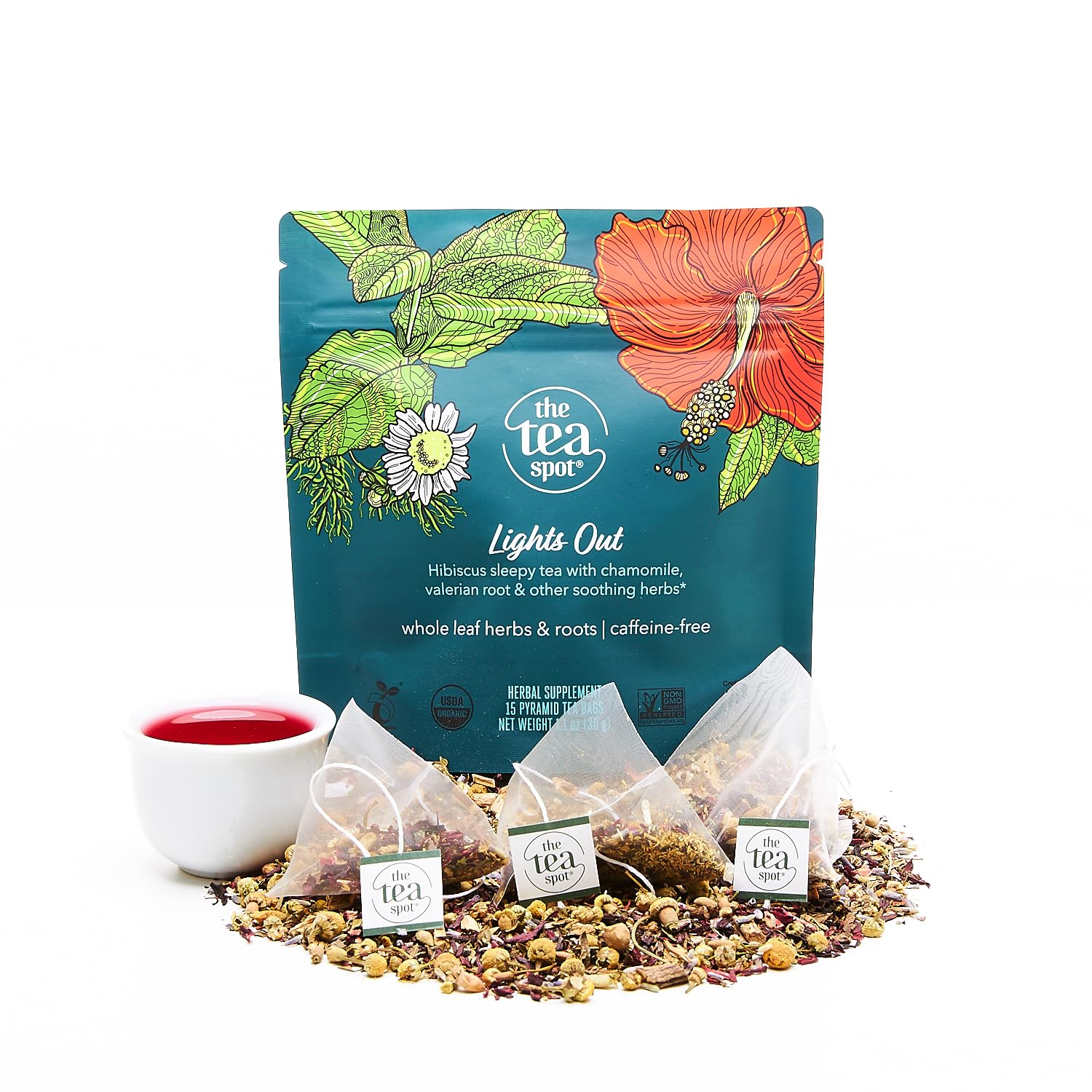 The Tea Spot Organic Lights Out Tea with Valerian Root Relaxation | Blend of Hibiscus, Peppermint, Chamomile, Lavender, Licorice Root & Valerian Root | Caffeine-Free 15 Tea Bags, Pack of 1