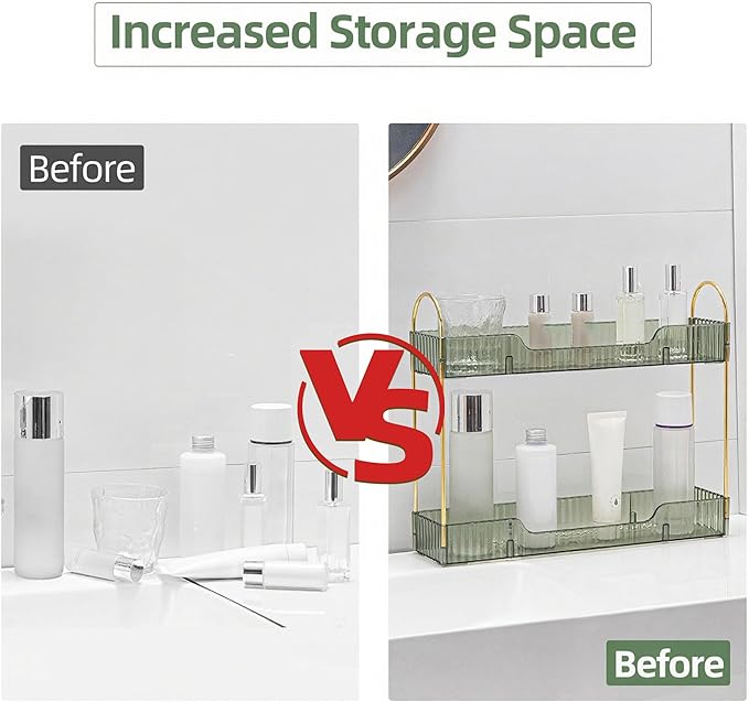 YCIA&DONE 2 Tiers Narrow Vanity Makeup Organizer, Bathroom Organizers Countertop Slim, Perfume Holder Skincare Storage Cosmetic Shelf Spice Rack, for Small Desktop Counter Space, Vintage Green