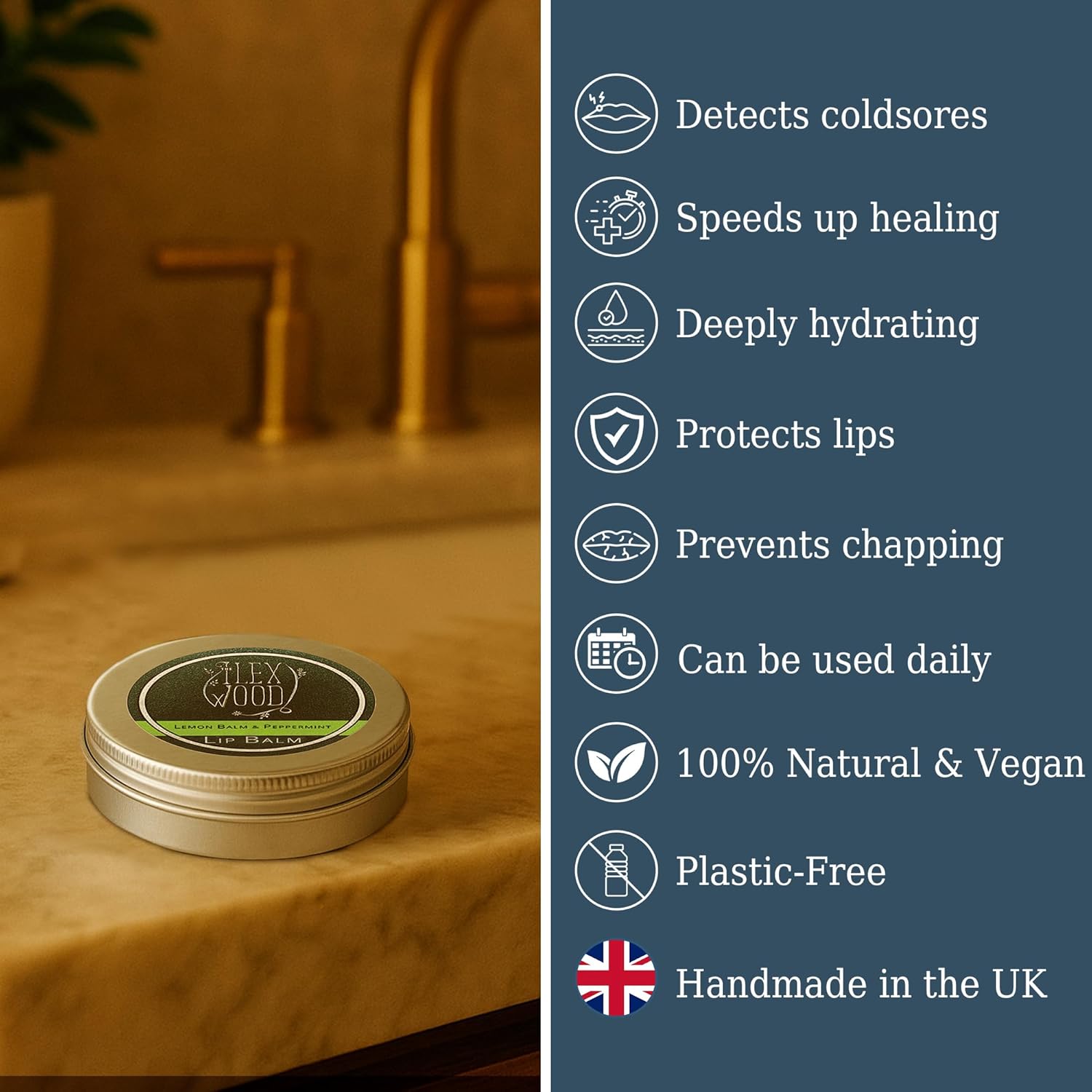 The Ilex Wood - Lip Balm Pack of 3 - Vegan Lemon Balm and Peppermint - All natural, coldsore prevention, cruelty free, plastic free, moisturising, handcrafted - 3 x 10ml (3 x 0.34 fl oz)