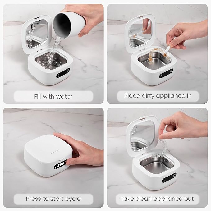 Viora Rechargeable 52kHz Ultrasonic Retainer Cleaner: Cordless Portable UV Dental Cleaning Pod for Invisalign, Denture, Mouthguard, Nightguard, Jewelry, with Mirror, USB-C Travel Cleaning Kit&Tablets