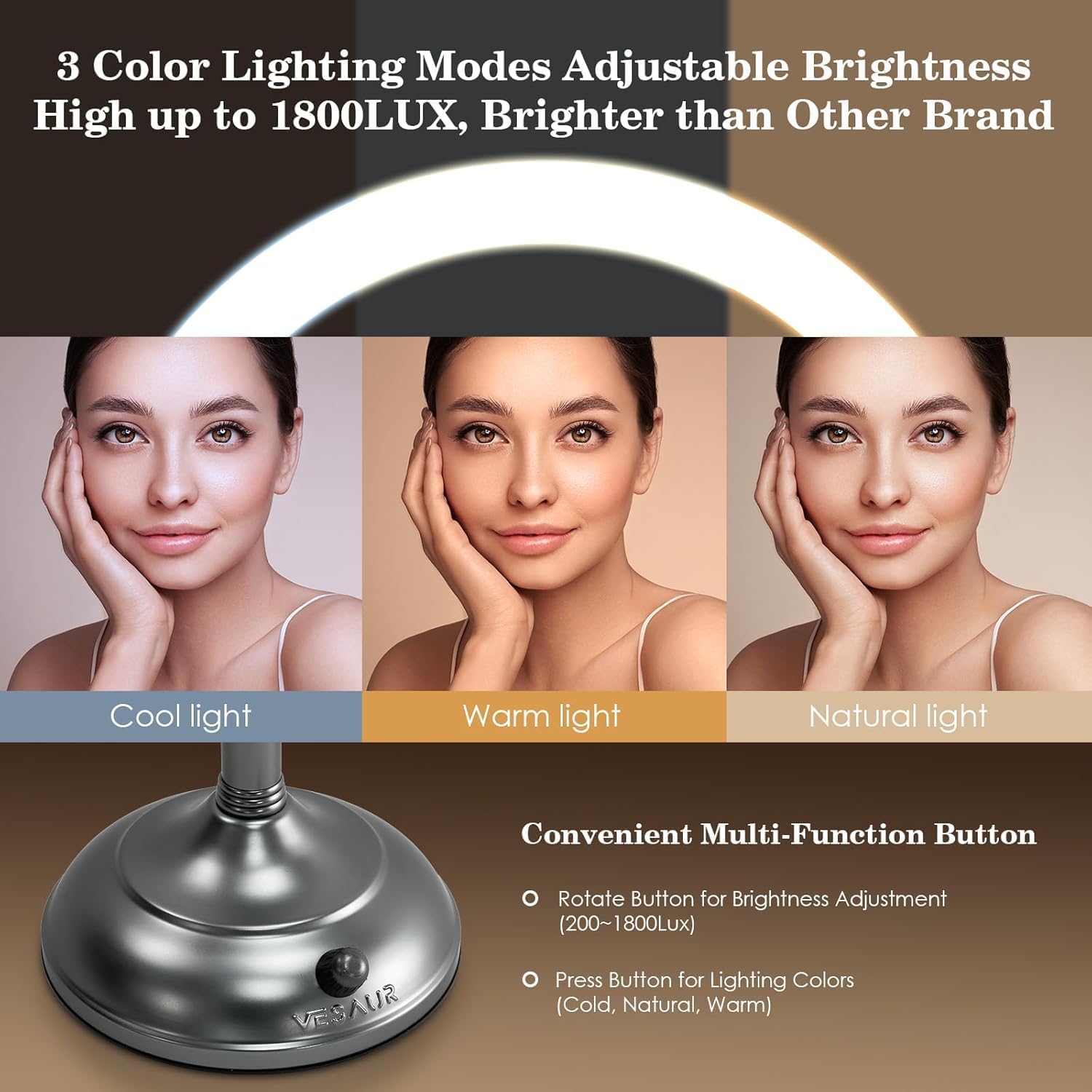 VESAUR Professional 8.5" Lighted Makeup Mirror, 1X/10X Double Sided HD Undistorted Magnifying Mirror with 3 Color 90 Dimmable LED lights, 360° Rotation Vanity Mirror, Unique Black Nickel with Gift Box