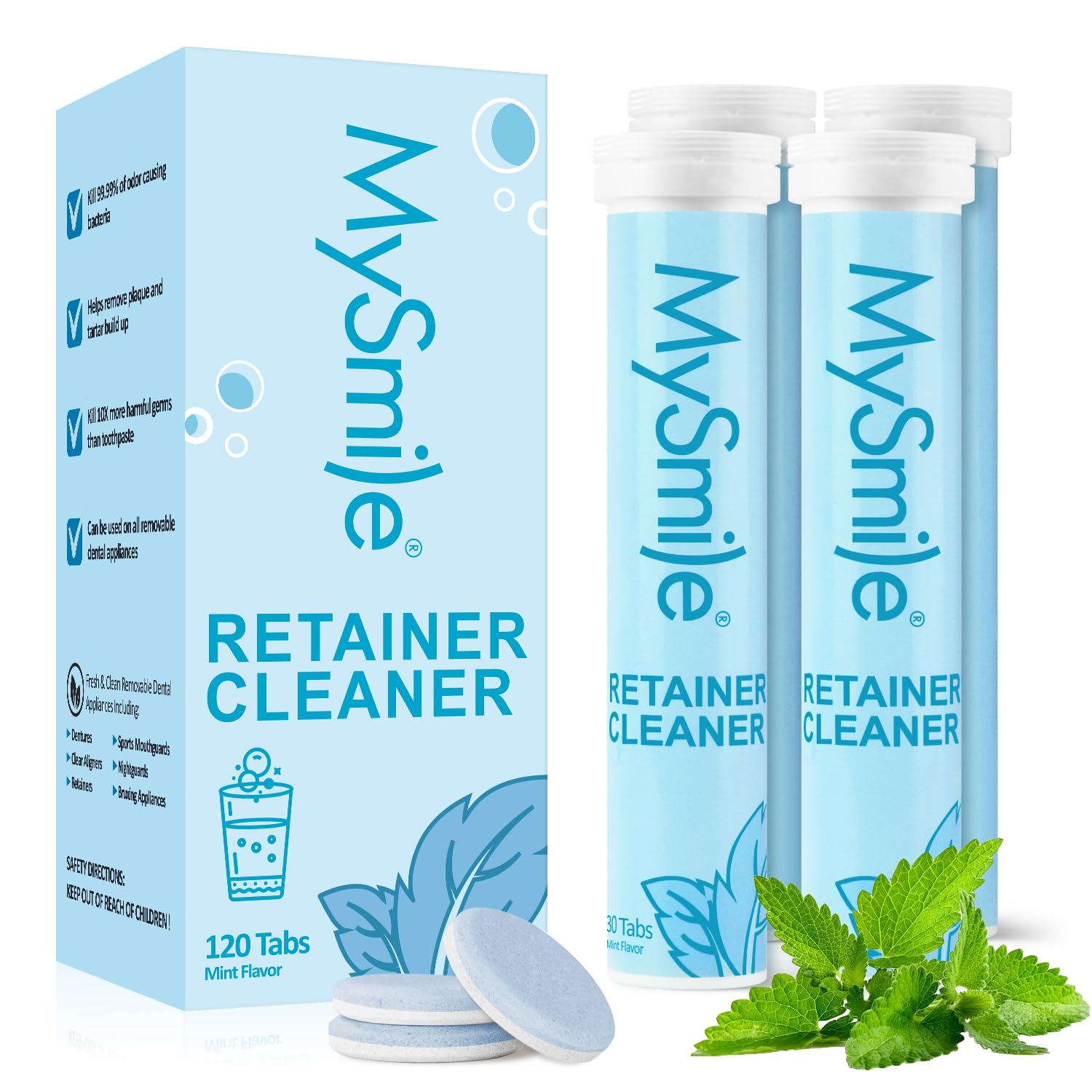 MySmile Retainer Cleaner with 120 Denture Cleaning Tablets, Quickly Remove Odors, Discoloration Stains & Plaque from Aligner, Mouth Guard, Night Guard and More Dental Appliances (Mint Flavor)