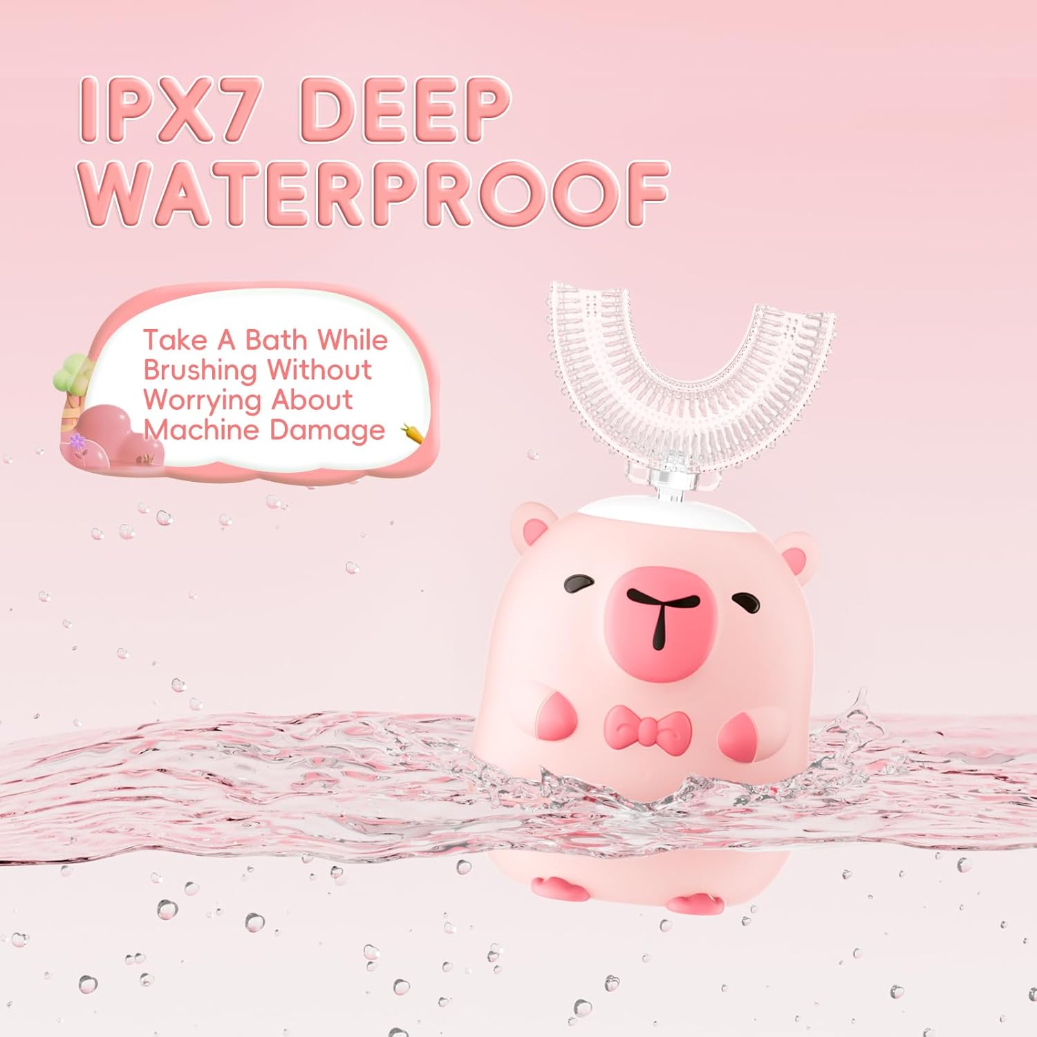 Kids Electric Toothbrush U Shaped - Cartoon Capybara with 6 Brush Heads Full Mouth Degree Cleaning Sonic Toddler Automatic Toothbrush with IPX7 Waterproof (Pink 2-14 Years)