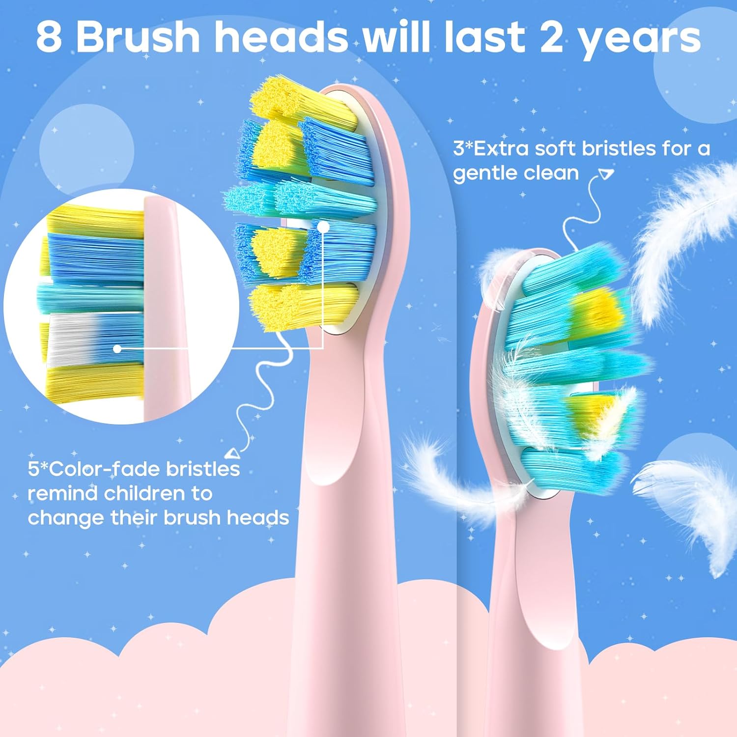 SEAGO Kids Electric Toothbrush, Rechargeable Sonic Soft Bristle Toothbrushes with 8 Brush Heads, DIY Stickers and 5 Modes, Ideal for Kids and Children, Ages 3–12,SG2303(Pink)