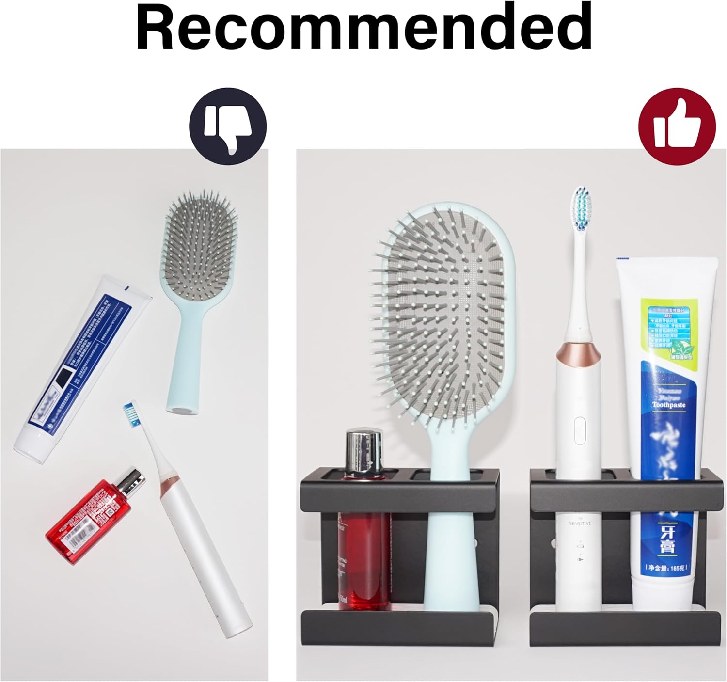 Set of 2 Electric Toothbrush Holder Wall Mounted, 18/8 Stainless Steel Toothbrush Stand with Diatomite Dish, 3M Self Adhesive Toothbrush Storage Rack for Bathroom (Black)