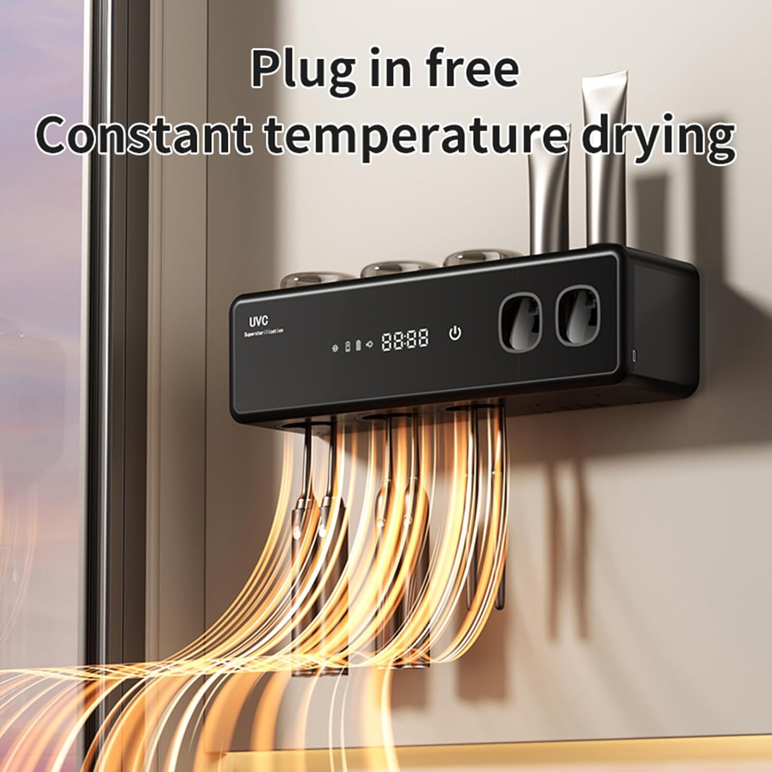 Wall Mounted Toothbrush Holders, Automatic Toothpaste Dispenser, 3 Cup Rechargeable Electric Toothbrush Holder with Smart Cleaning and Hot Air Drying,Bathroom Decor and Accessories (Black)