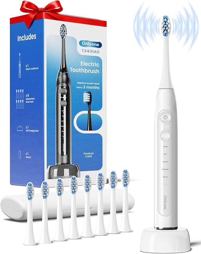 Onlyone Sonic Electric Toothbrush for Adults, Rechargeable Ultrasonic Electric Toothbrush with 8 Brush Heads, Travel Case, Charging Base & Wireless Charging - 5 Modes with Smart Timer