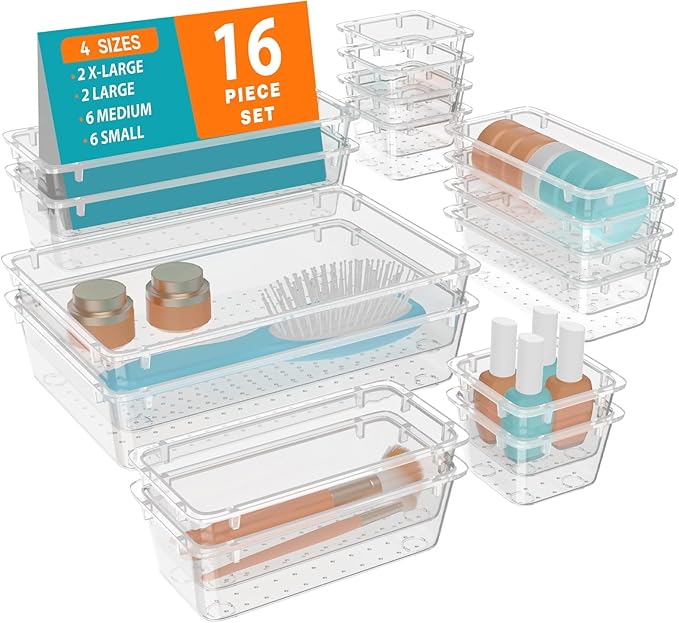 WOWBOX 16 PCS Clear Plastic Drawer Organizer Set, 4 Sizes Desk Drawer Organization and Storage Containers for Makeup, Cosmetics, Jewelry and Gadgets in Kitchen, Bathroom, Bedroom, Office, Clear