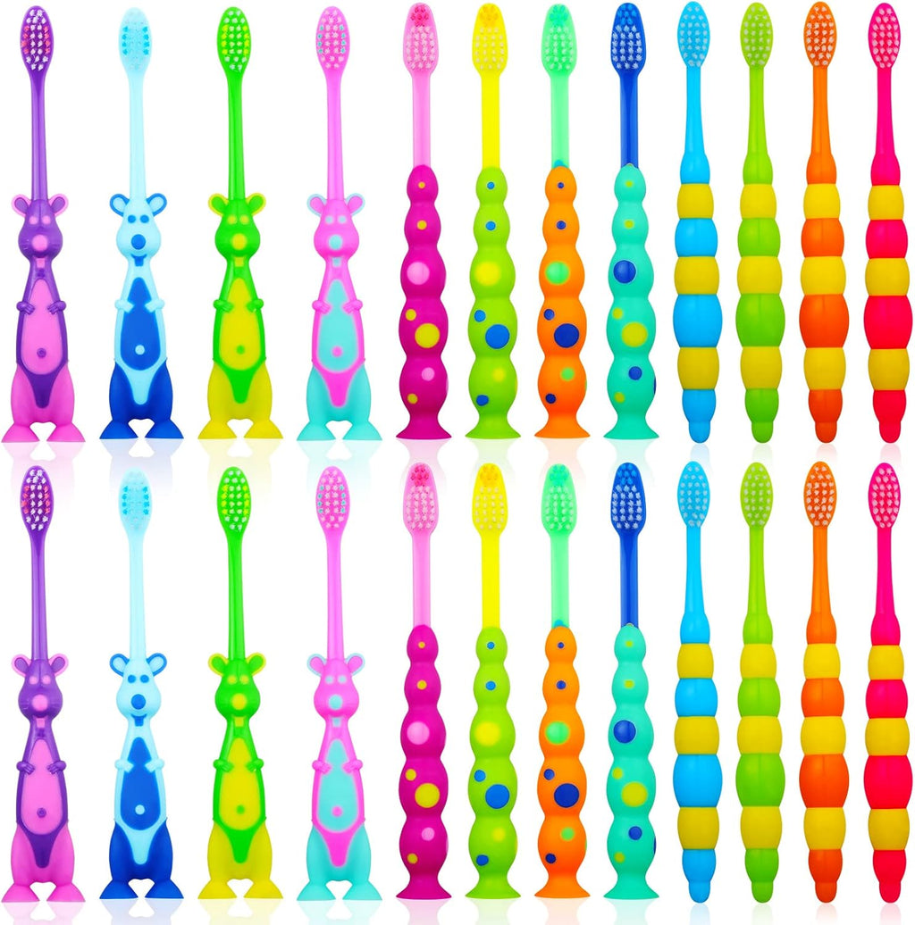 Toddler Toothbrush Pack - 24 Pieces, Soft Bristle Animal Toothbrushes with Covers, Suction Cup, Sensitive Teeth