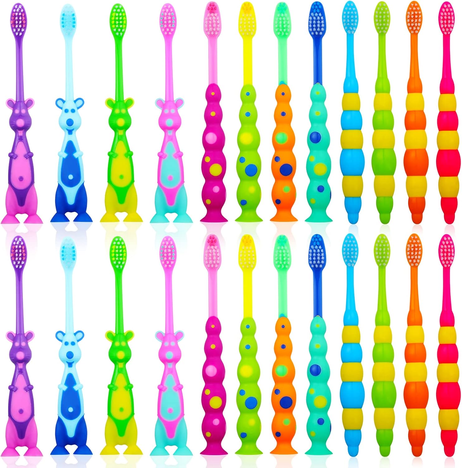 Toddler Toothbrush Pack - 24 Pieces, Soft Bristle Animal Toothbrushes with Covers, Suction Cup, Sensitive Teeth