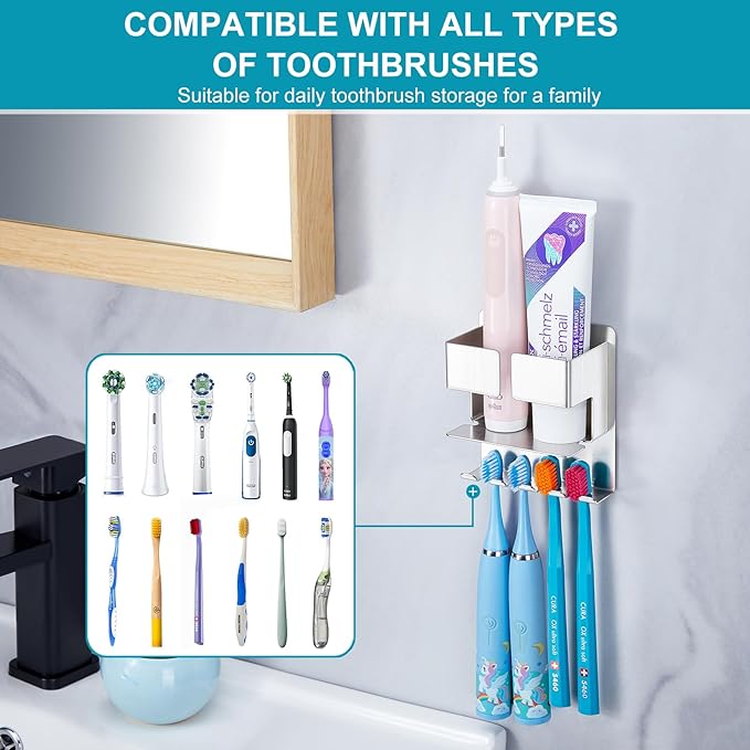 Toothbrush Holder, Electric Toothbrush Head Holder, Stainless Steel Brushed Toothpaste & Razor Organizer, Adhesive Mounted for Shower Bathrooms