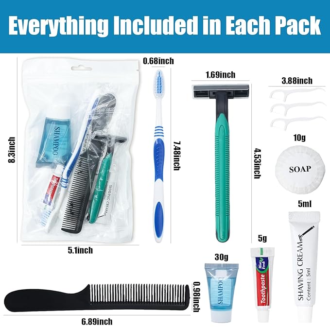 10 Pack Travel Hygiene Kits, 8-in-1 Personal Toiletry Kit -Toothbrush, Toothpaste, Comb, Flossers, Shampoo, Soap, Razor & Shaving Cream, Individually Packed for Travel, Guest Rooms,Vacation Rentals