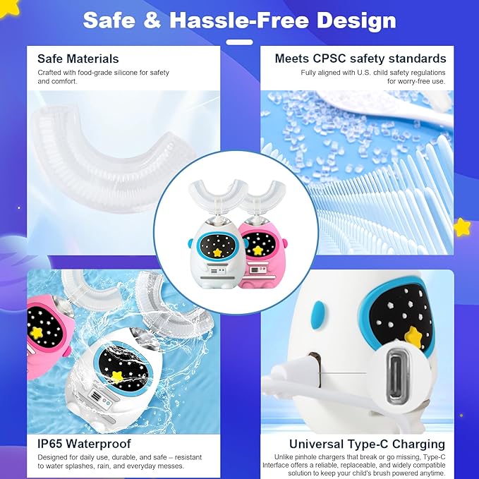 Kids U Shaped Electric Toothbrush with Music, 3 Modes, Voice Teaching, Mouthpiece Cleaning, Soft Bristle, Type-C Charging, Ages 3-12 Boys & Girls (Power Pink)