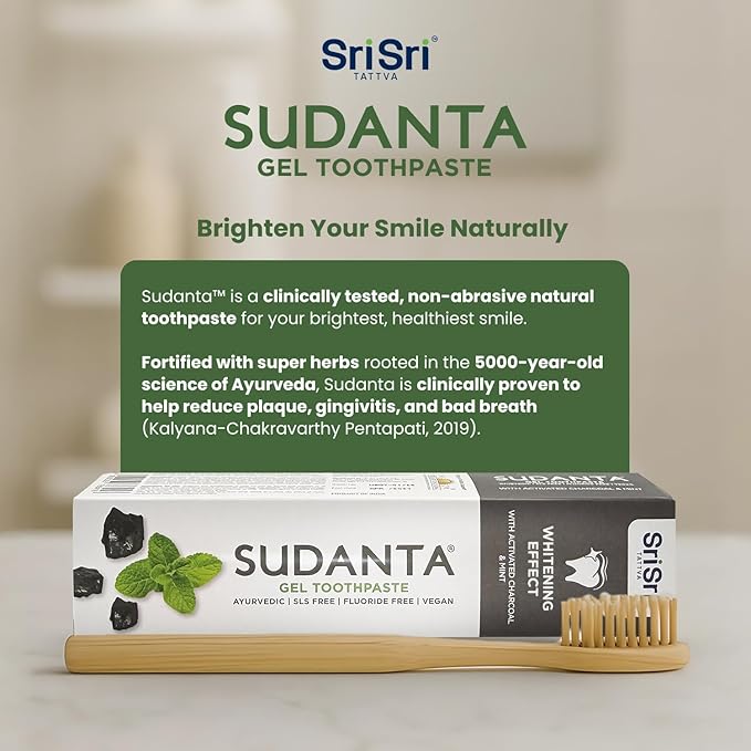 Sri Sri Tattva Sudanta Charcoal Toothpaste Gel – SLS, Fluoride Free Herbal Toothpaste with Neem & Ayurvedic Herbs – Natural Teeth Whitening, Fresh Breath, Oral & Gum Health – 100g Tube (Pack of 4)
