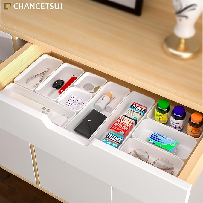 Organizer Drawer, Storage Plastic Desk Bins Stackable Organizers Tray, Bathroom Dividers Small Makeup Bin Clothes Organizing Trays for Containers Vanity Office Cabinet Desktop Compartment, White