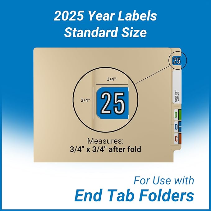 2025 Year Stickers, Doctor Stuff 2025 Chart Stickers, Blue/Black Color Coded, Barkley FYBAM Style, USA Made Year Labels for End Tab File Folders, 500/Roll, 1 Roll, 3/4" x 1-1/2"