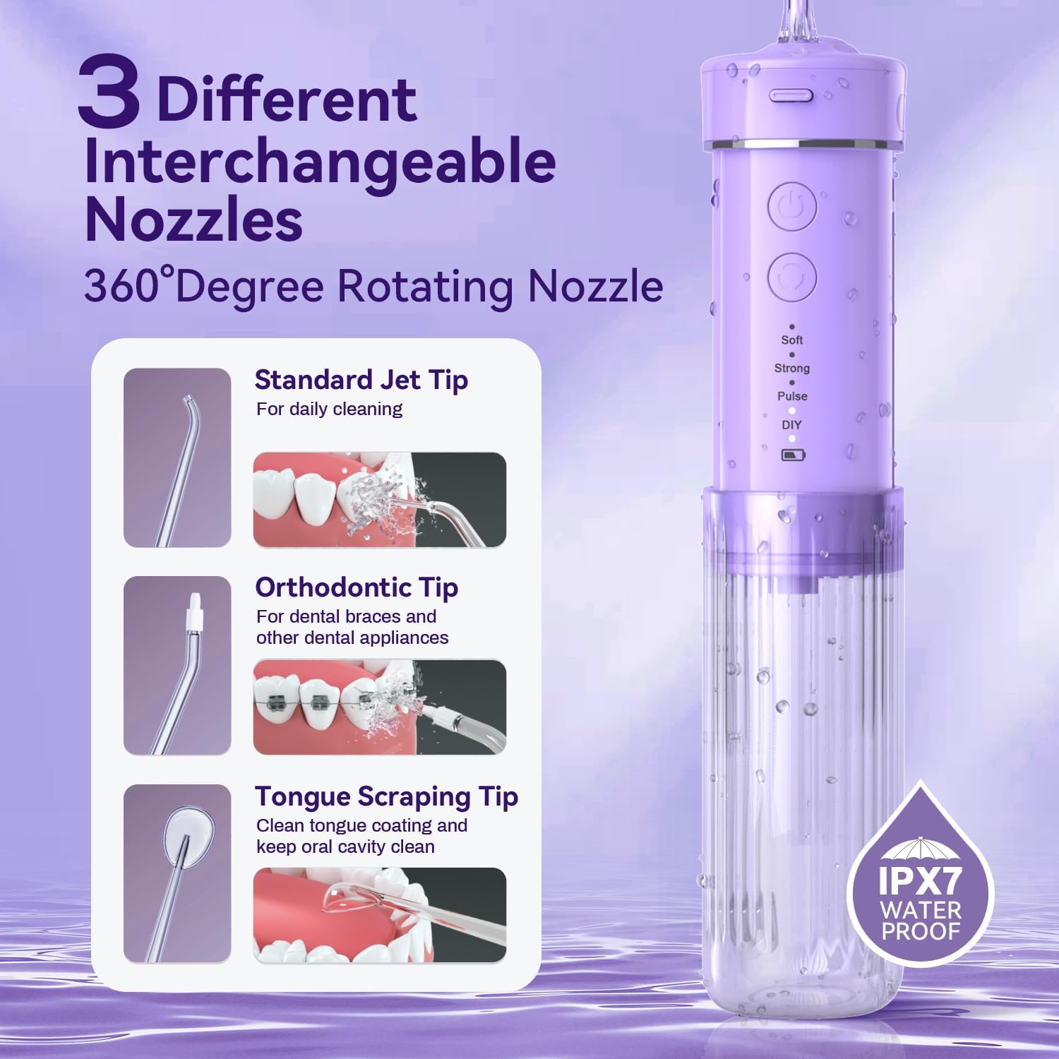 Portable Travel Water Flosser, Water Teeth Cleaner Pick,Mini Portable Oral Irrigator, Telescopic Water Tank, 5 Nozzles, IPX7 Waterproof, Cordless Water Flosser for Teeth, Gums