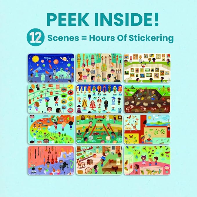 CUPKIN Sticker Book for Kids 2-4, 500+ Kids Stickers, A Day at The Museum 12 Coloring Pages 12 Side by Side Scenes, Fun Toddler Travel Activity Coloring and Sticker Books for Ages 4-8 + 8-10