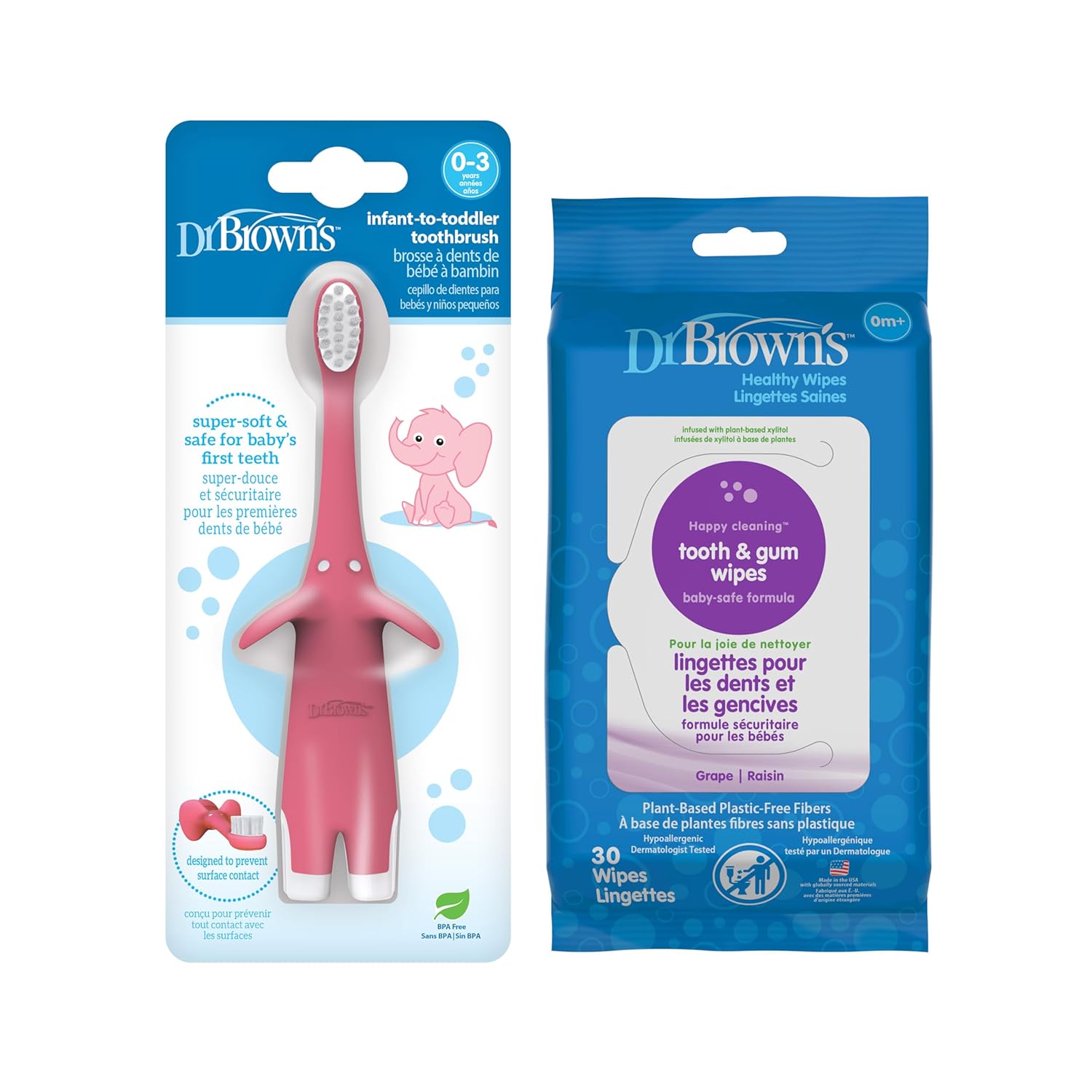 Dr. Brown's Infant-to-Toddler Training Toothbrush, Soft for Baby's First Teeth, Pink Elephant, 0-3 Years & Tooth and Gum Wipes, 30 Count