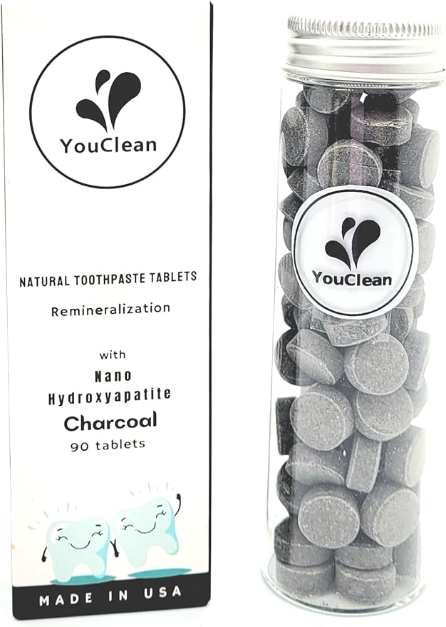 90 Toothpaste Tablets in Refill/Recycle Glass Tube - for Travel and Daily Home Office Use - Nano Hydroxyapatite, Fluoride-Free, Vegan (Charcoal Mint)