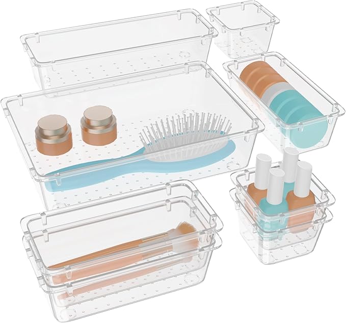 WOWBOX 8 PCS Clear Plastic Drawer Organizer Set, 4 Sizes Desk Drawer Organization and Storage Containers for Makeup, Cosmetics, Jewelry and Gadgets in Kitchen, Bathroom, Bedroom, Office, Clear