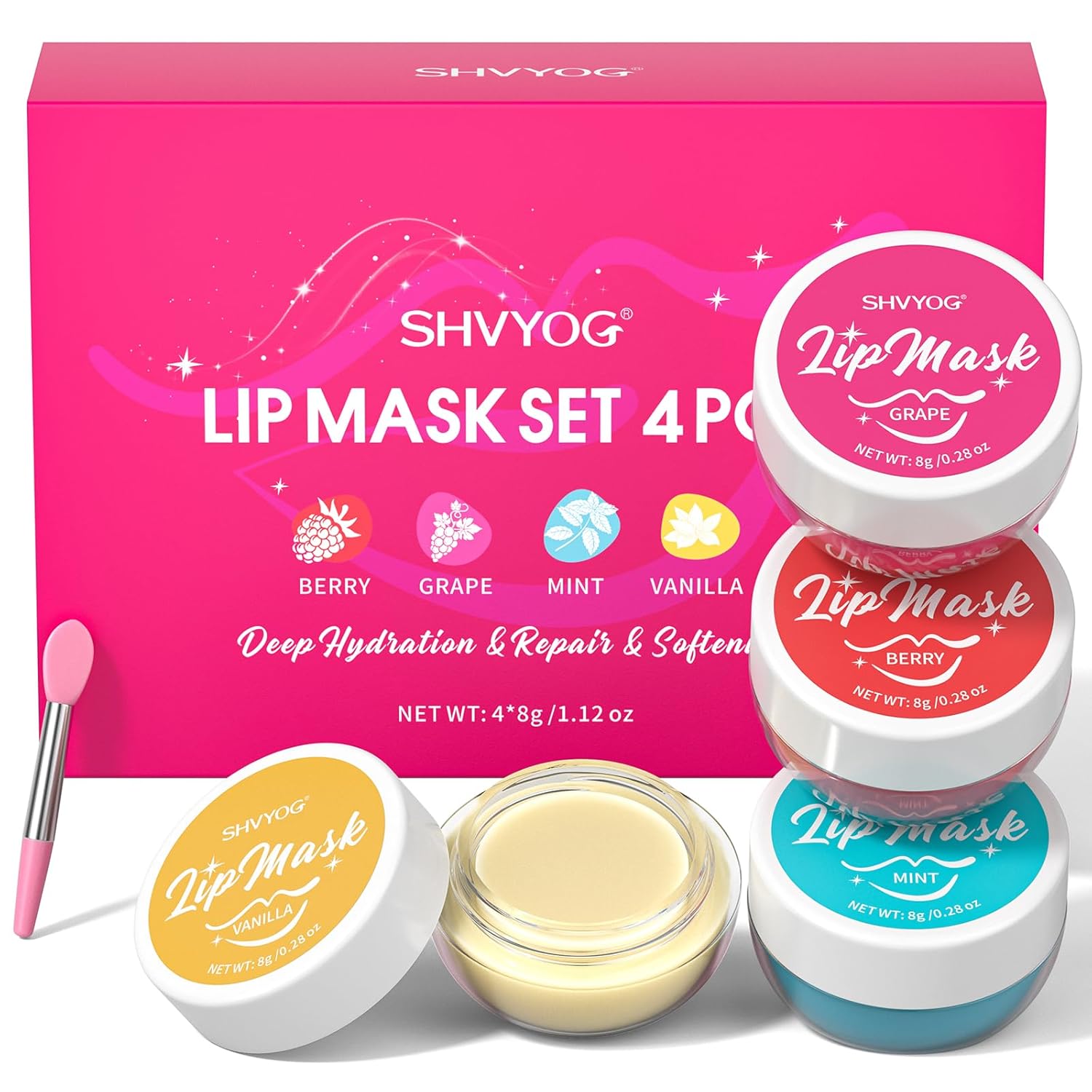 4 Pack Lip Mask Set, Hydrating Lip Mask Overnight - Berry, Grape, Mint, Vanilla Flavors, Lip Sleeping Mask Nourish Lip Balm with Vitamin C & Shea Butter | Dry Lips Care