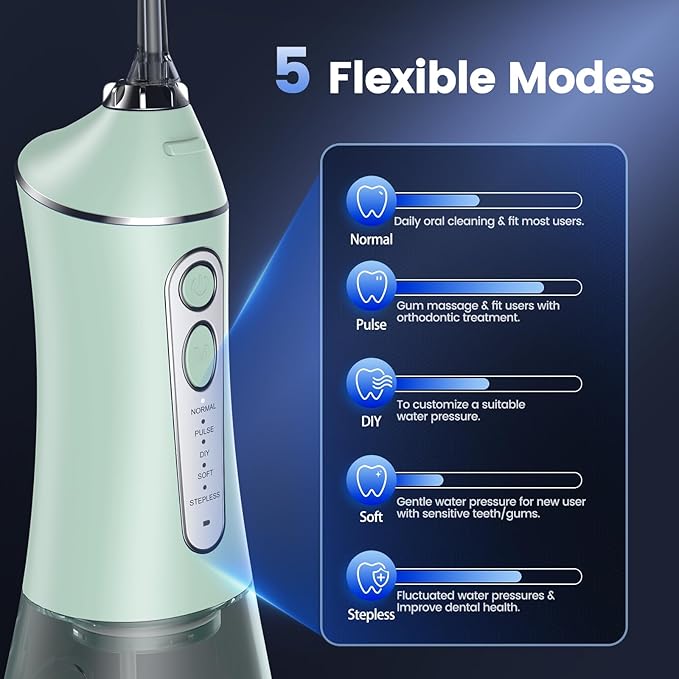 Water Flosser for Teeth Cleaning and Flossing, 5 Modes Rechargeable Cordless Oral Irrigator 320ml Water Tank Teeth Cleaner, IPX7 Waterproof Portable Electric Dentel Flossers for Home and Travel,Green
