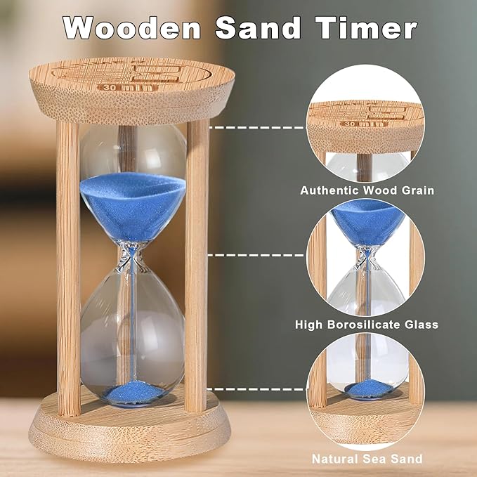 Wooden Sand Timers 5 Minute,Stunning Glass Bamboo Mini Blue Sand Hourglass for Productivity, Meditation & Decor, 5 Min Small Reloj De Arena for Kitchen, Office, Yoga, Game, Classroom