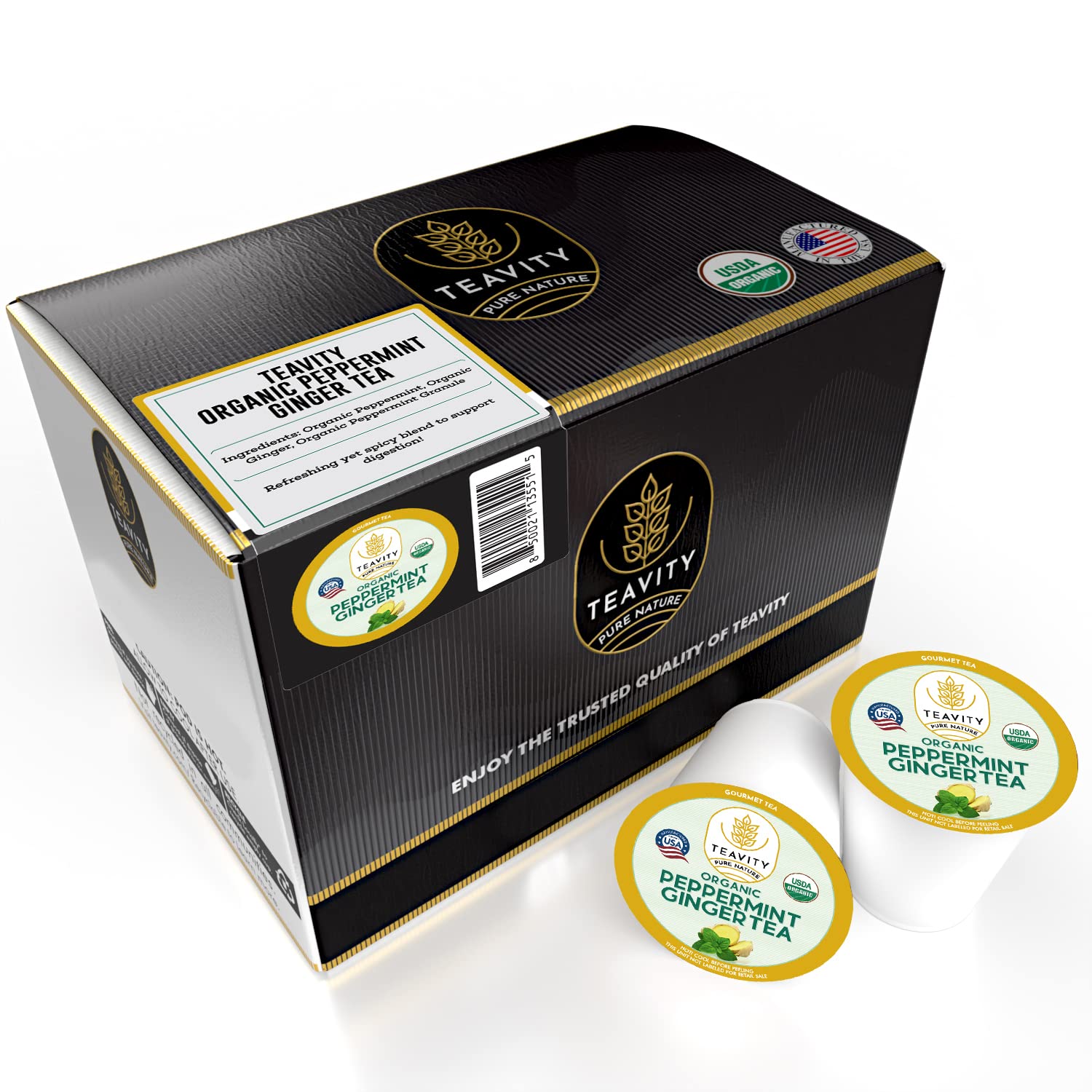 Organic Ginger Tea Pods for Keurig with Organic Peppermint Tea - Decaf Tea for K Cup Brewing Peppermint Ginger by Teavity (36 Tea Pods)