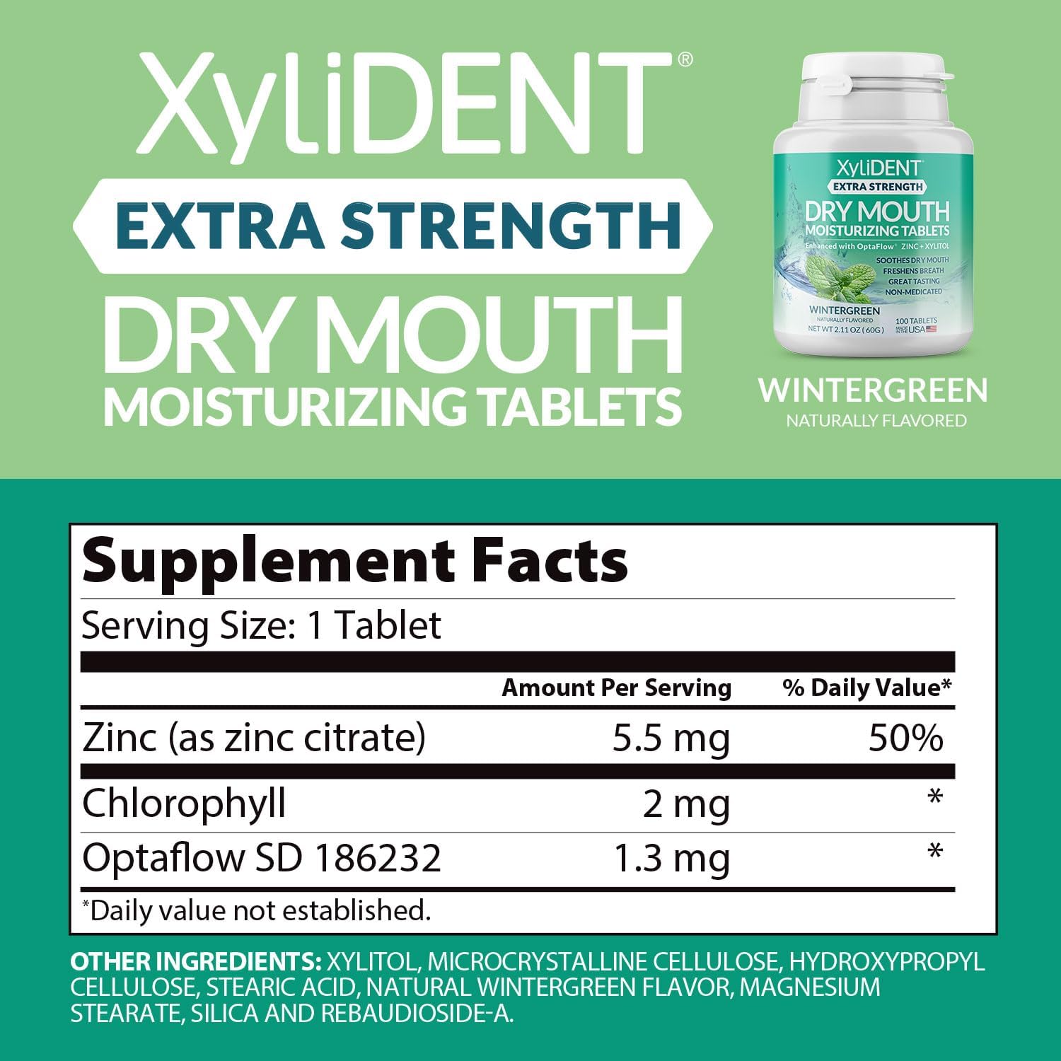 Extra Strength Xylitol Tablets for Dry Mouth Relief - Stimulates Saliva, Freshens Breath, Reduces Acid Production, Fast Acting Relief, 100 Count (Wintergreen)