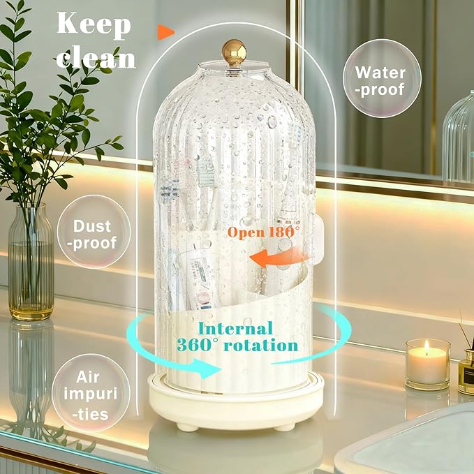 Multifunctional Rotating Toothbrush Holders with Sliding Lid and Draining Tray, 3-Slot Bathroom Countertop Vanity Organizer for Tooth Brush, Toothpaste, and Makeup Brushes Holder Storage (White)