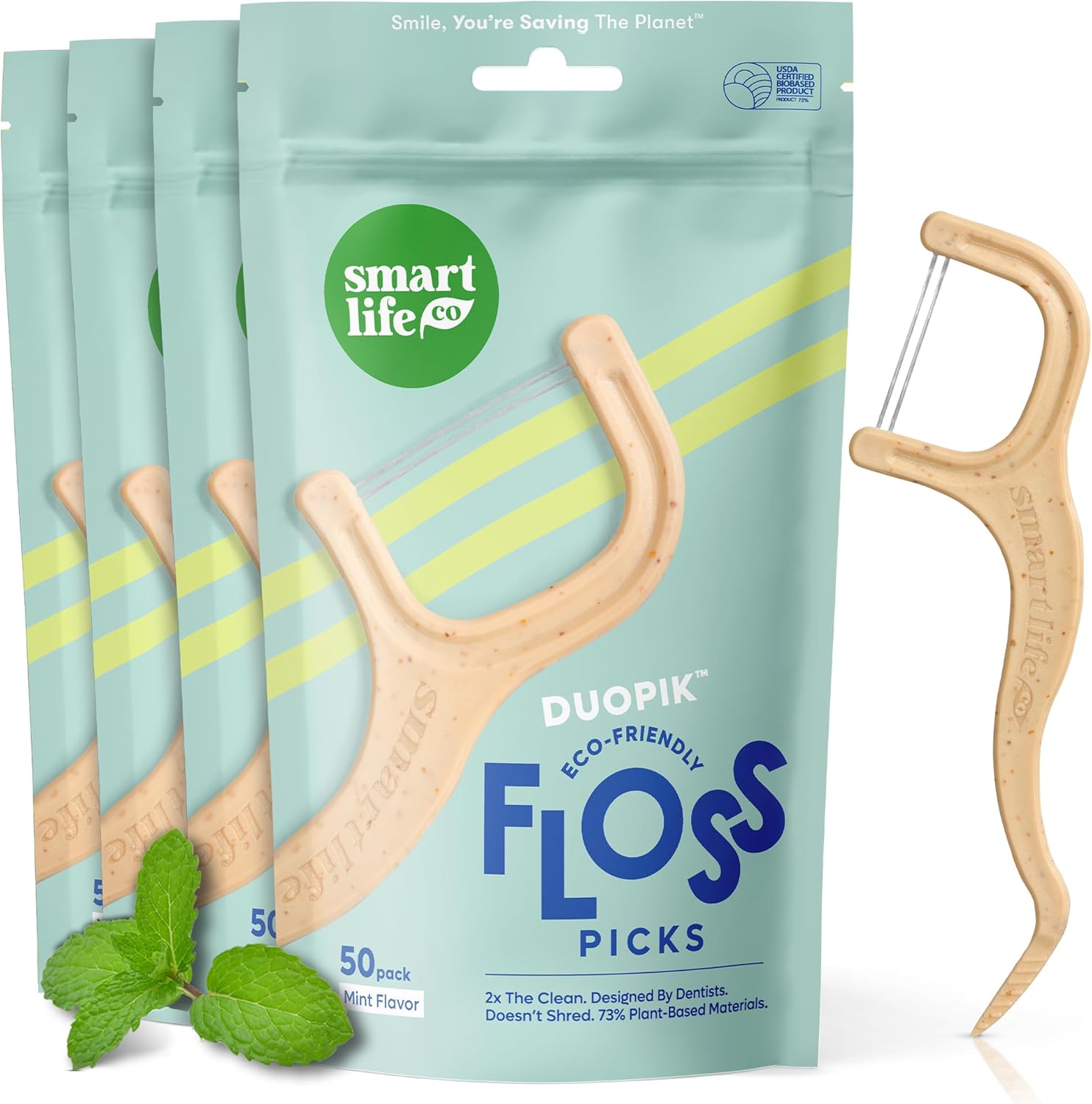 SmartLifeco Eco-Friendly Dual-Thread Dental Floss Picks (200ct) - Flossers Made with Straw Wheat Blend, Superior Anti-Shred for Tight Gaps, Tooth Pick Stick for Adults, Soft on Gum & Teeth, Mint