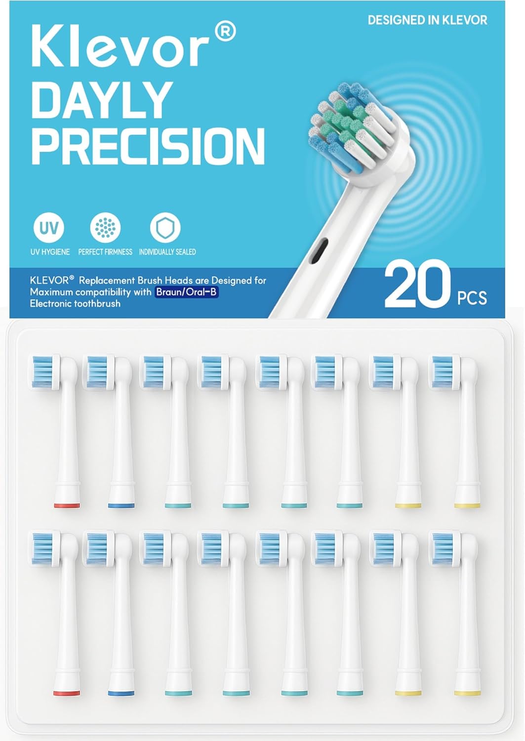 KLEVOR Replacement Toothbrush Heads for Oral‑B – 20 Count – Hygienic Double‑Blister Pack – Compatible with Oral‑B Pro, 1000, 3000, 5000, 7000 and More (Not iO Series)
