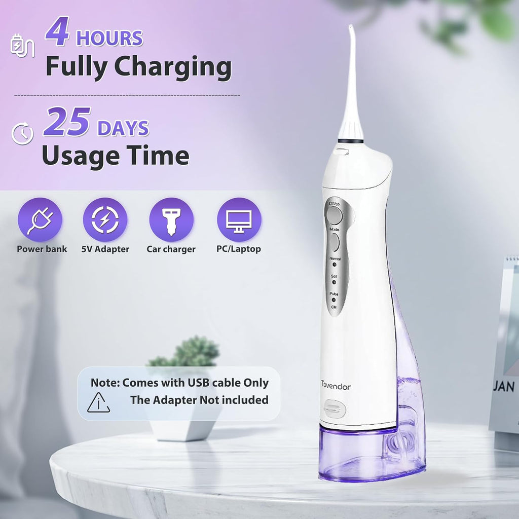 TOVENDOR Electric Water Dental Flosser Teeth Pick, Cordless Flossers Oral Irrigator IPX7 Waterproof 300ML Rechargeable Travel Water Teeth Cleaner with 5 Tips for Home Braces Care Gums Deep Cleaning