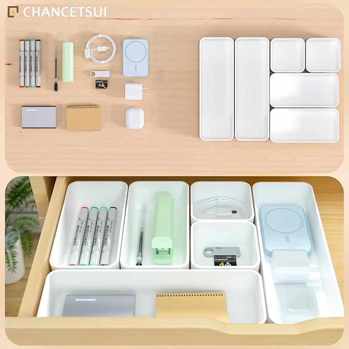 Organizer Drawer, Storage Plastic Desk Bins Stackable Organizers Tray, Bathroom Dividers Small Makeup Bin Clothes Organizing Trays for Containers Vanity Office Cabinet Desktop Compartment, White
