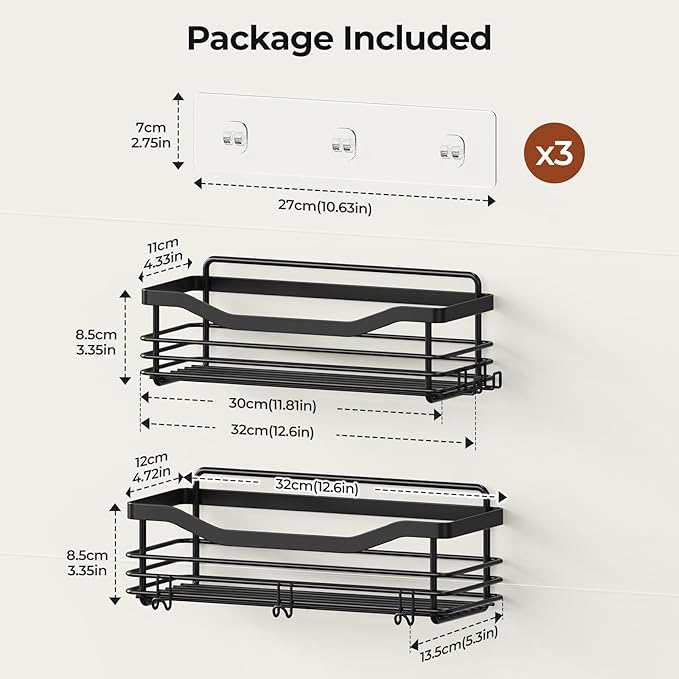 Orimade Adhesive Shower Caddy Shelf with 5 Hooks Organizer Storage Rack Rustproof Wall Mounted Stainless Steel No Drilling for Bathroom, Toilet, Kitchen - 2 Pack,Black