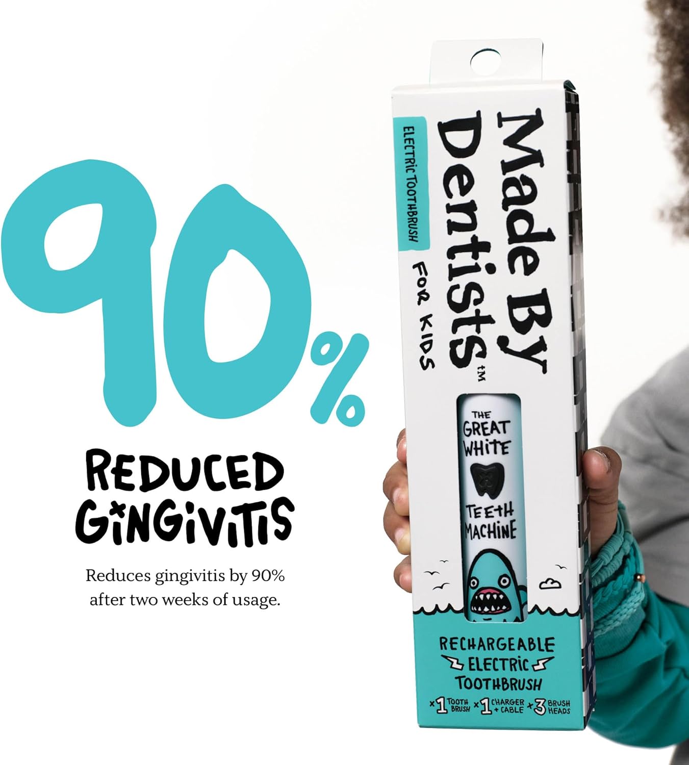 Made by Dentists Kids Electric Toothbrush - Rechargeable Vibrating Toothbrush with Timer, Includes 6 Replacement Heads, Halloween Gifts for Kids, Girls and Boys, Kid & Toddlers Age 2+, Shark